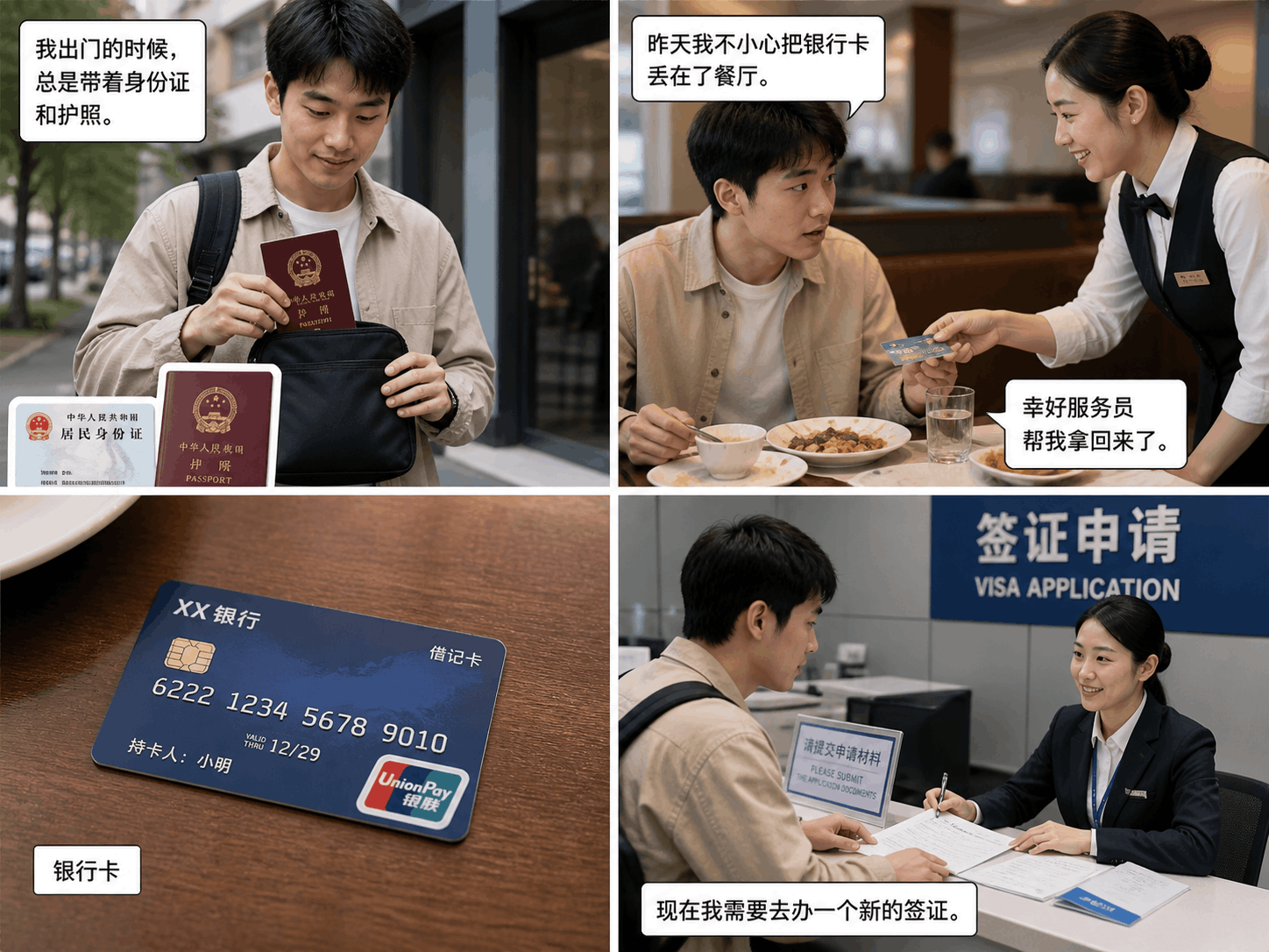 I always carry my ID and passport when I go out. Yesterday I accidentally left my bank card at the restaurant. Luckily, the waiter helped me get it back. Now I need to apply for a new visa.